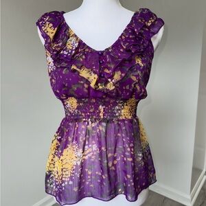 Vtg Rue21 Purple Floral Ruffle Sheer Blouse Smocked‎ Waist M Juniors Y2K Boho